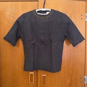 Zara Charcoal Gray Short-Sleeve Top with Gold Chain Detail